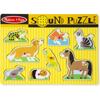 Melissa & Doug- Puzzle Sonoro con Animali Domestici in Legno con Pioli, 8 Pezzi,